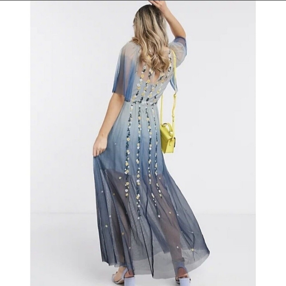 French Connection Blue Ombre Gauze Floral Embroidered Flutter Sleeve Maxi Dress - Picture 2 of 8